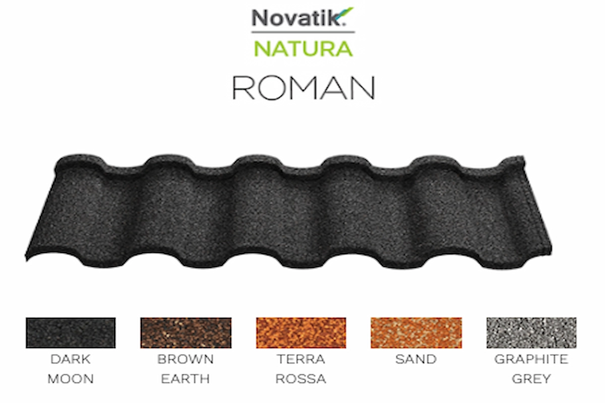 Композитна черепиця Novatik Natura Roman у п'яти відтінках: чорний, коричневий, теракотовий, пісочний і графітовий