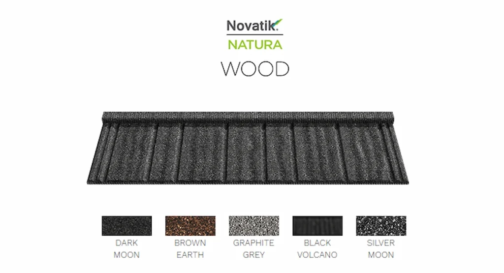 Композитна черепиця Novatik Natura Wood у п'яти відтінках: чорний, коричневий, темний сірий і графітовий