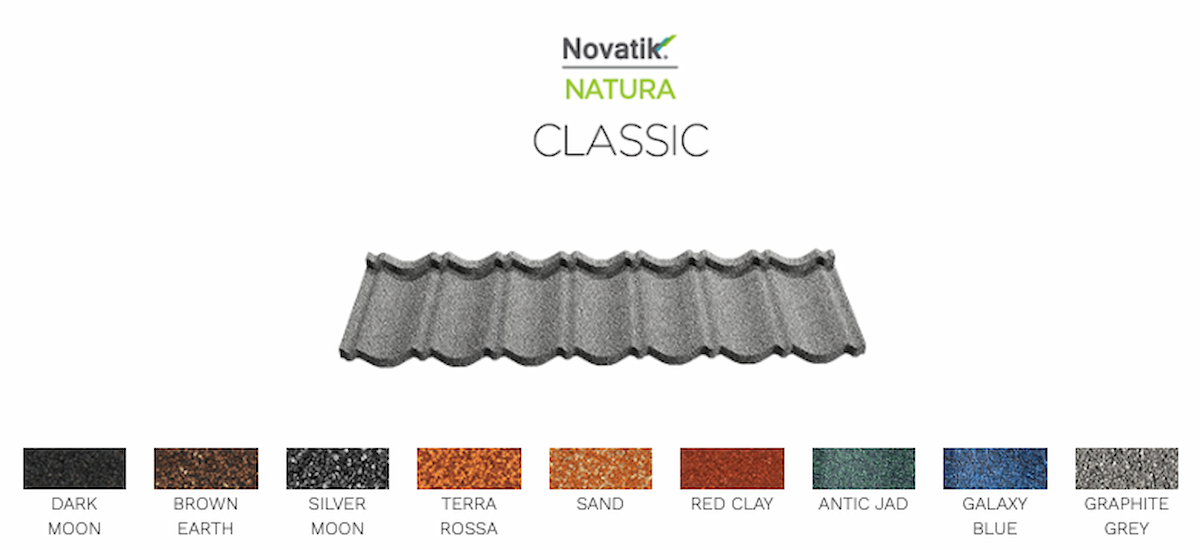 Композитна черепиця Novatik Natura Classic у дев’яти відтінках: темний, коричневий, срібний, теракотовий, пісочний, червоний, зелений, синій і графітовий