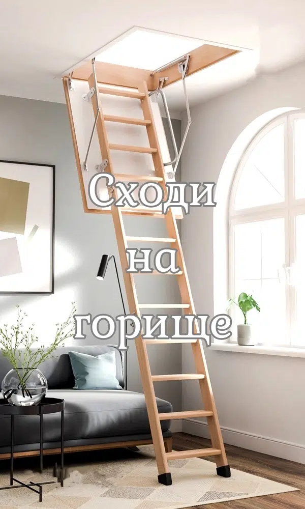 Складні дерев'яні сходи на горище в інтер'єрі вітальні